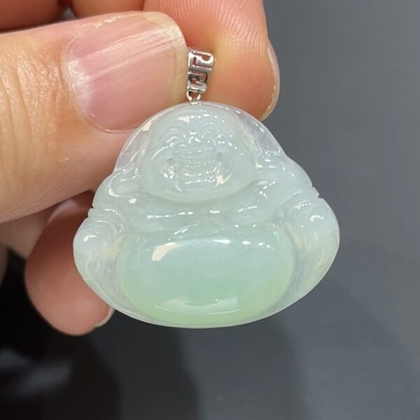翡翠玉器精選 編號#402 淺綠翡翠佛公・18K白金靜心之選 佛公吊墜