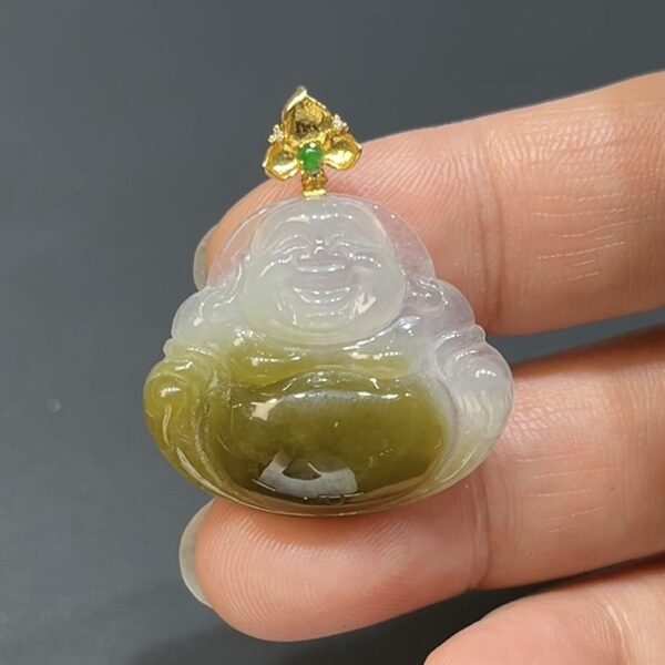 翡翠玉器精選 福慧自在・黃翡翠佛公配18K金扣 編號# 418