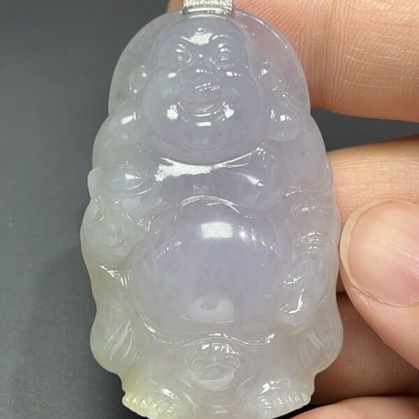 喜韻滿懷・18K白金鑲嵌天然淺紫翡翠立體彌勒佛吊墜 #編號456