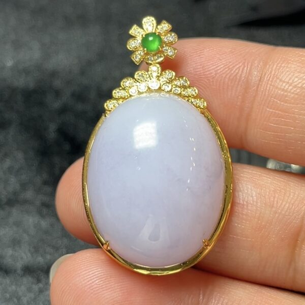 淺紫色翡翠蛋面吊墜 18K 黃金花形扣頭設計天然玉器精品 編號 #460
