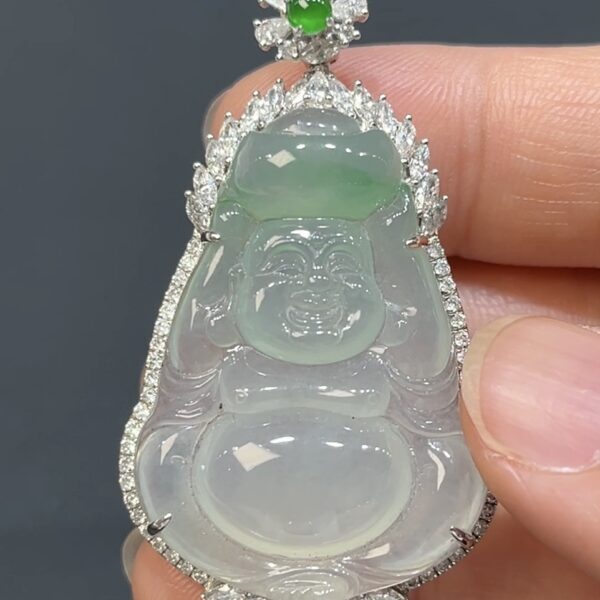 天然翡翠彌勒佛吊墜 18K白金＋鑽石鑲嵌 商品編號#476｜