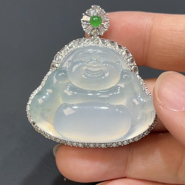 天然白翡翠佛公吊墜｜18K白金鑲嵌工藝 商品編號#477