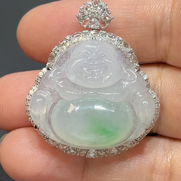天然翡翠佛公吊墜｜商品編號#480｜18K白金鑲鑽＋翠綠佛肚設計