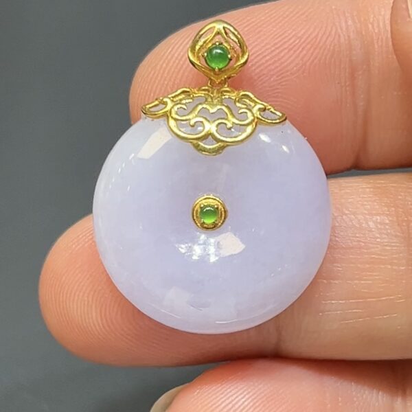 紫羅蘭翡翠算盤形平安扣吊墜｜18K黃金蕾絲花邊鑲嵌｜高雅玉器設計｜商品編號#481