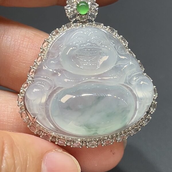 翡翠彌勒佛公吊墜｜飄淺綠花翡翠 18K白金鑲鑽設計 商品編號#482