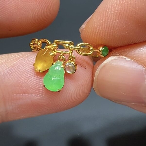 18K黃金翡翠戒指｜黃翡隨形 × 綠葫蘆 × 透明蛋面吊墜｜可擺動設計｜靈動典雅玉器首飾 編號#489