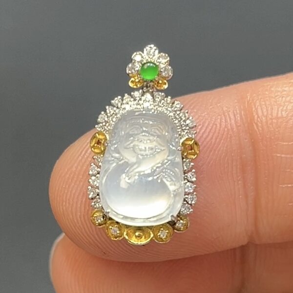 白冰翡翠Q版財神吊墜｜天然翡翠玉器｜18K白金鑲鑽設計｜招財可愛款 編號#493