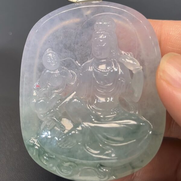 天然翡翠觀音牌｜童子拜觀音 × 18K厚金扣｜編號#580｜人手雕刻 × 吉祥守護