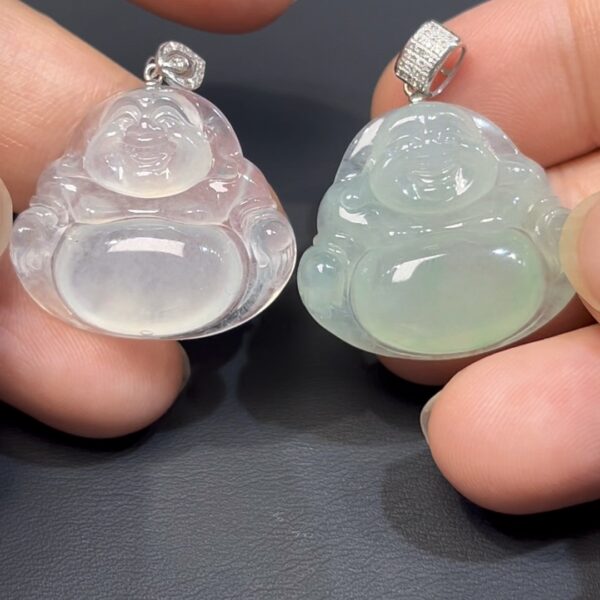 天然翡翠佛公一對｜白翡翠 × 綠翡翠 × 18K白金扣｜編號#583｜福氣雙尊 × 吉祥守護