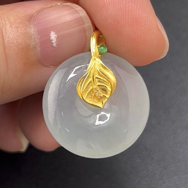 翡翠平安扣吊墜 編號#620｜18K黃金樹葉扣頭｜純淨玉種 收藏首選