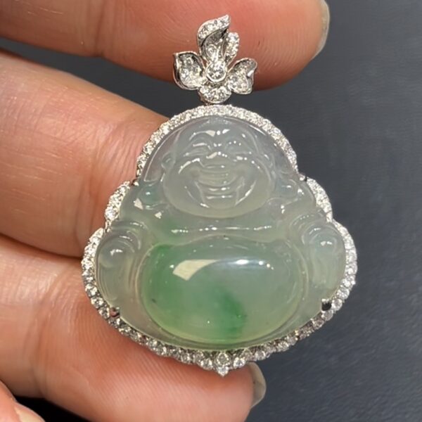 飄綠花翡翠彌勒佛吊墜 編號#646｜18K白金鑲嵌｜鑽石圍鑲｜福氣自在 收藏首選