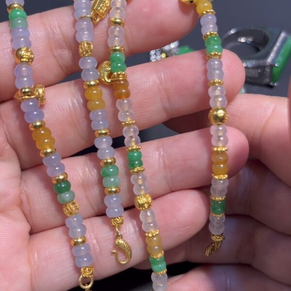 翡翠小米珠升級版 編號#694｜冰透質地 種水極佳｜18K金珠點綴 超高品質手串