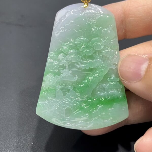 翡翠山水牌｜老坑種白底青質地｜18K金扣藝術精品收藏推薦 編號#706