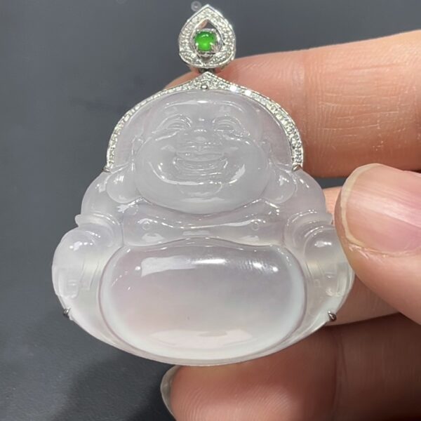 翡翠佛公吊墜｜冰種細膩玉料 × 熒光十足 × 18K鑽石鑲嵌｜大肚能容天下事翡翠推薦 #719