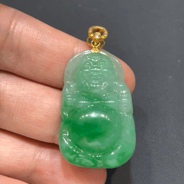 翡翠布袋佛吊墜｜小巧精緻 × 色澤亮麗 × 18K黃金扣鑲嵌 × 福氣守護精品｜翡翠推薦 #788