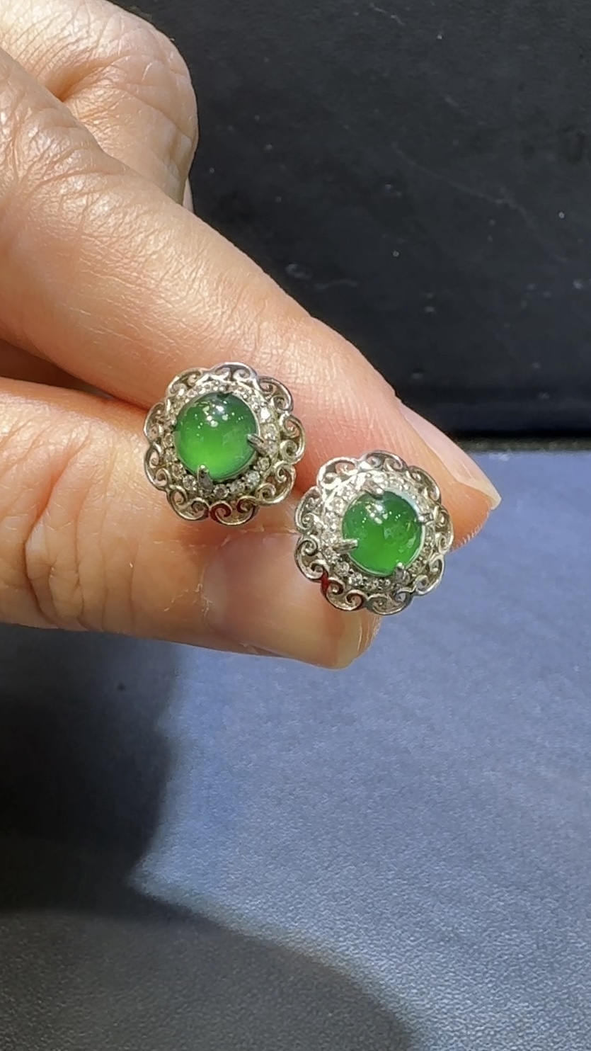 翡翠高綠蛋面耳環|危地馬拉翡翠 × 蕾絲銀托 × 復古氣質推薦 #48504 1 高綠翡翠蛋面耳環|危地馬拉翡翠 × 蕾絲銀托 × 復古氣質推薦 #48504