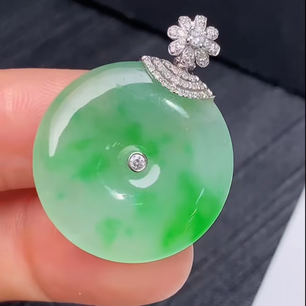 翡翠18K鑲鑽平安扣吊墜｜守護平安吉祥 #850