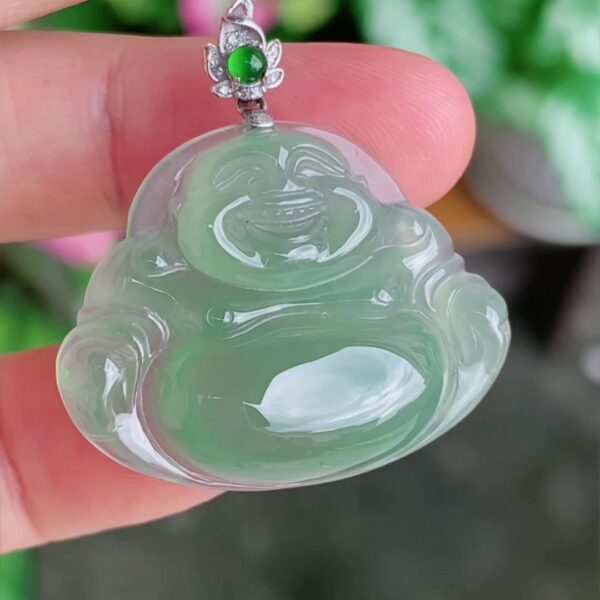 【天然緬甸翡翠】芙蓉種淺綠彌勒佛吊墜｜18K金扣頭開臉喜慶笑口常開全美