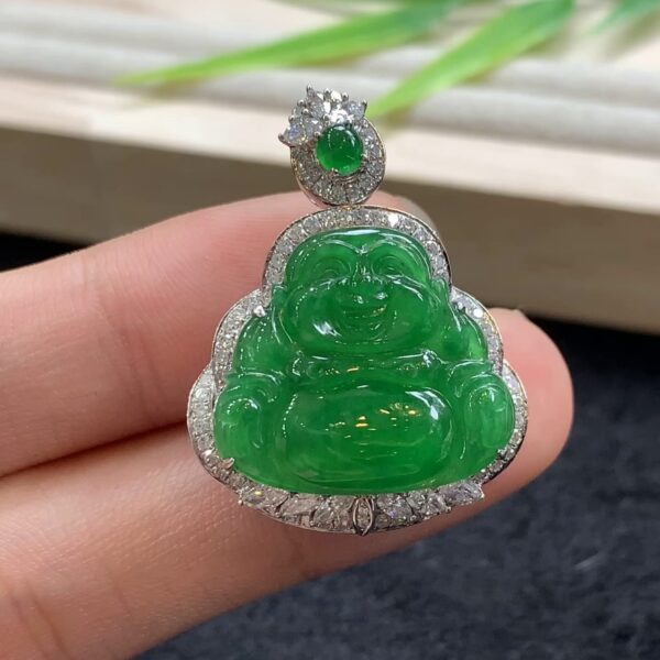 天然緬甸翡翠冰滿陽綠佛公吊墜
