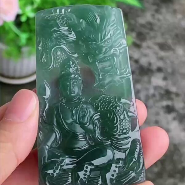 【滿祿翡翠】老坑藍水御龍觀音吊墜 | 深藍綠大器翡翠大牌、乘龍護身保平安 (附香港證書)