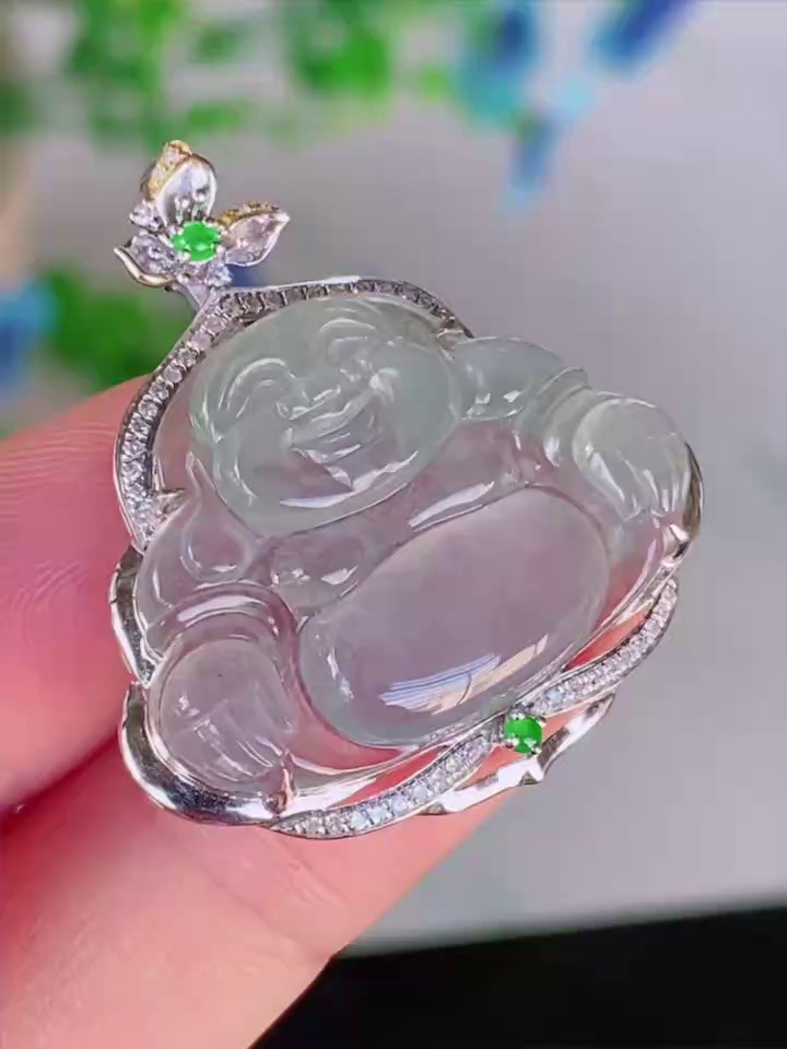 【18K金鑽石鑲嵌】天然 A 貨翡翠玉佛吊墜 32.2mm|彌勒佛 圍鑽精雕|滿祿翡翠 1 【18K金鑽石鑲嵌】天然 A 貨翡翠玉佛吊墜 32.2mm|彌勒佛 圍鑽精雕|滿祿翡翠