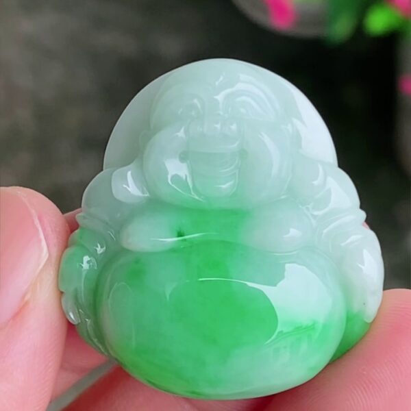 【彌勒佛】天然 A 貨翡翠飄綠彌勒佛吊墜 31mm｜笑口常開・肚特綠・福祿雙全
