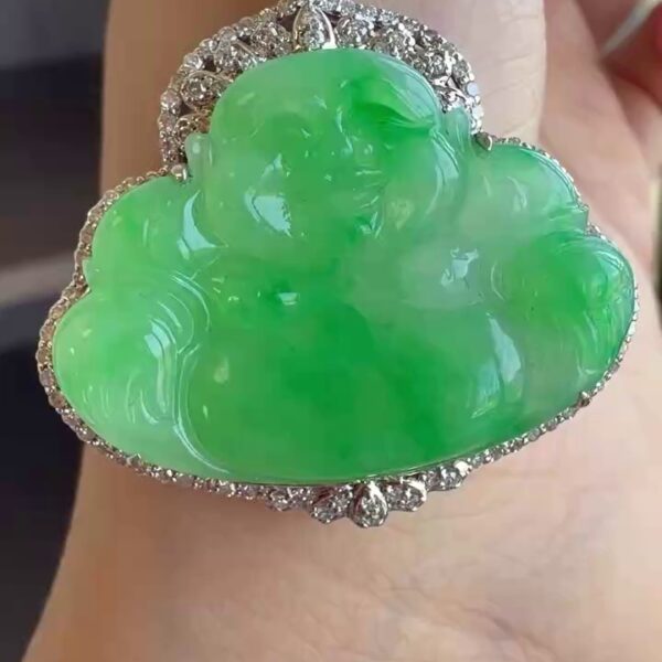 18K 金鑽石包邊重金鑲嵌冰種飄綠花翡翠佛公吊墜 36mm｜笑口常開・重金奢華・厚裝飽滿